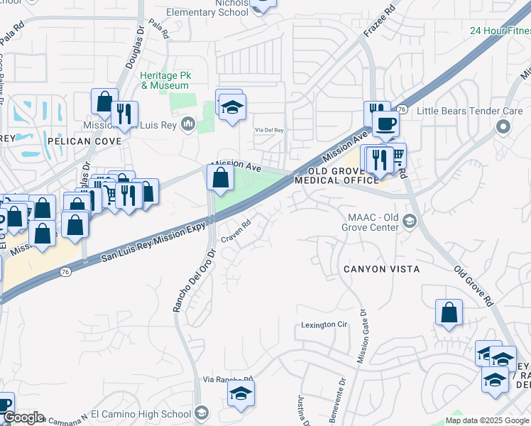map of restaurants, bars, coffee shops, grocery stores, and more near 139 Alicia Way in Oceanside