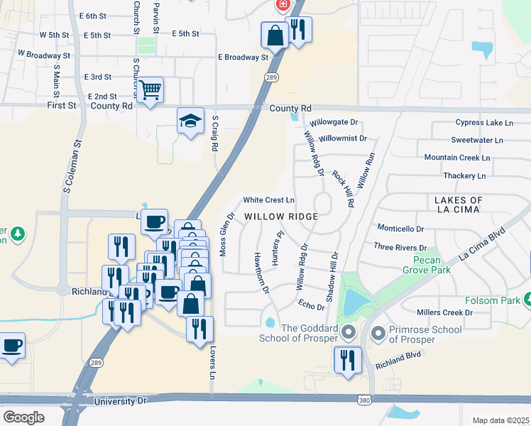 map of restaurants, bars, coffee shops, grocery stores, and more near 1061 Gables Drive in Prosper