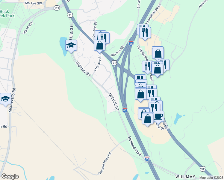 map of restaurants, bars, coffee shops, grocery stores, and more near S View Ln in Alabaster