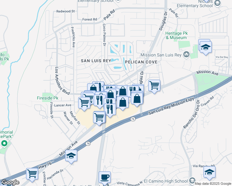 map of restaurants, bars, coffee shops, grocery stores, and more near 219 North El Camino Real in Oceanside