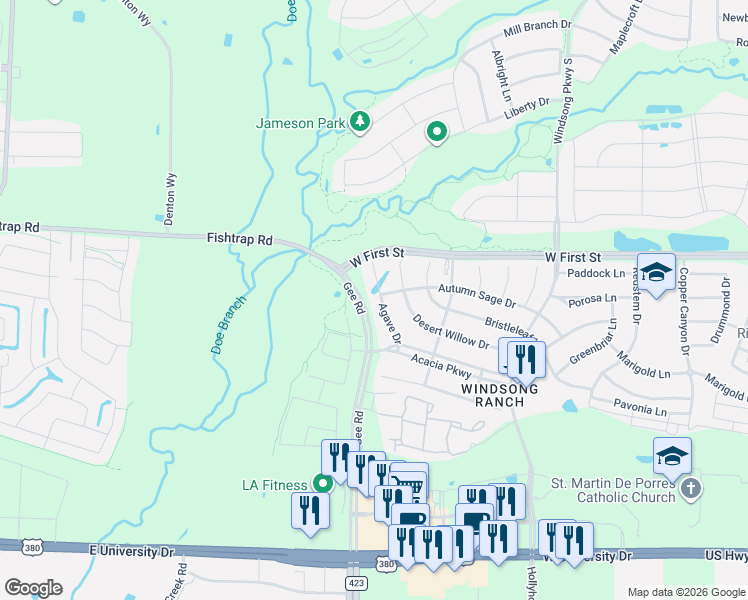 map of restaurants, bars, coffee shops, grocery stores, and more near 820 Agave Drive in Prosper