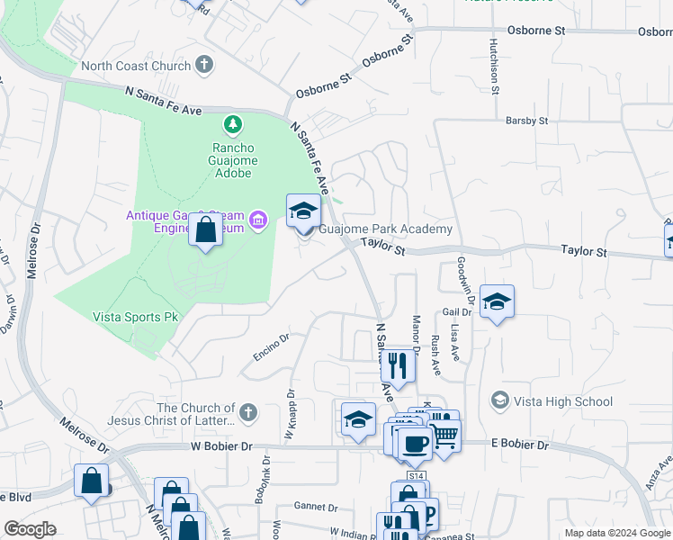 map of restaurants, bars, coffee shops, grocery stores, and more near 106 Flores Lane in Vista