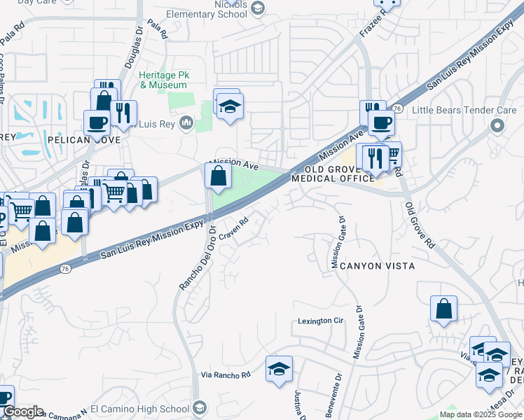 map of restaurants, bars, coffee shops, grocery stores, and more near 139 Alicia Way in Oceanside