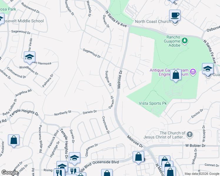 map of restaurants, bars, coffee shops, grocery stores, and more near 1297 Sunglow Drive in Oceanside