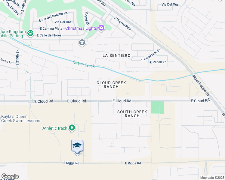 map of restaurants, bars, coffee shops, grocery stores, and more near 22128 East Misty Court in Queen Creek
