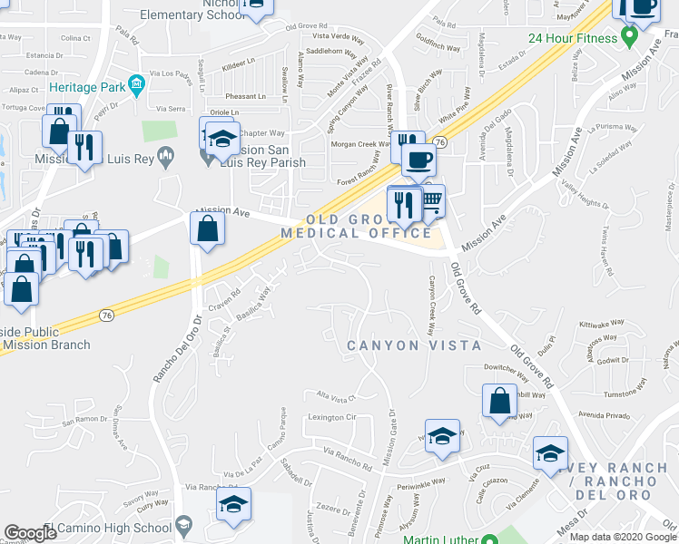 map of restaurants, bars, coffee shops, grocery stores, and more near 4231 Vista Del Rio Way in Oceanside