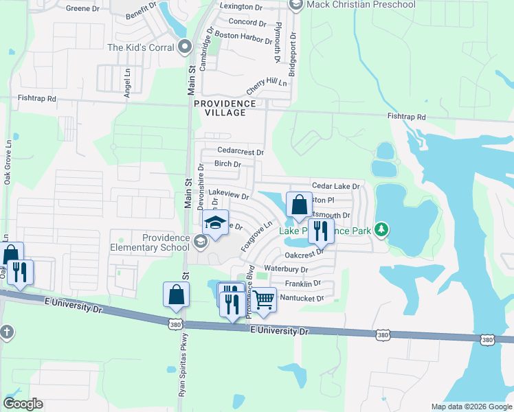 map of restaurants, bars, coffee shops, grocery stores, and more near 10232 Lakeview Drive in Providence Village
