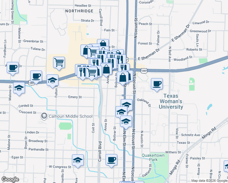 map of restaurants, bars, coffee shops, grocery stores, and more near 1611 Bolivar Street in Denton