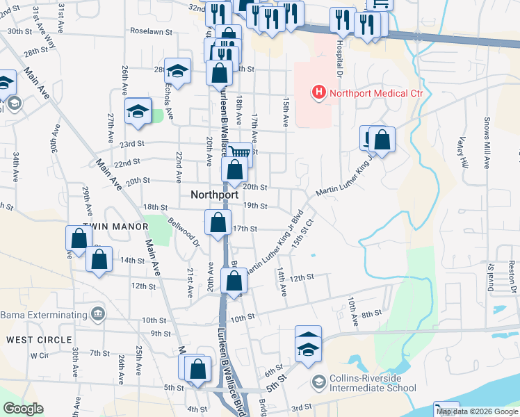 map of restaurants, bars, coffee shops, grocery stores, and more near 1707 19th Street in Northport