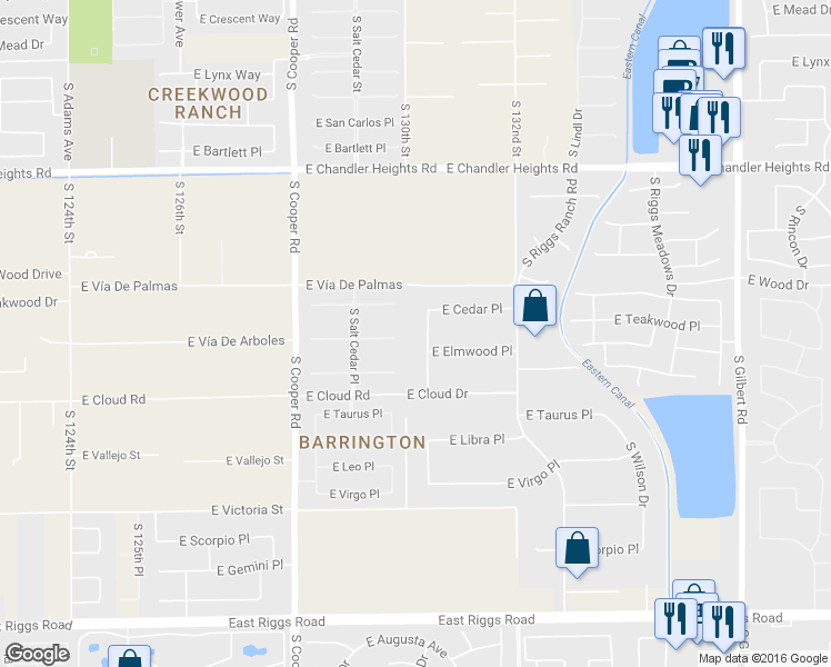 map of restaurants, bars, coffee shops, grocery stores, and more near 5320 South Ashley Drive in Chandler