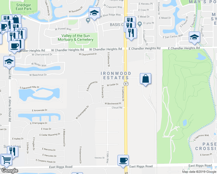 map of restaurants, bars, coffee shops, grocery stores, and more near 264 West Teakwood Place in Chandler