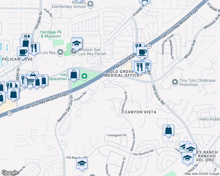 map of restaurants, bars, coffee shops, grocery stores, and more near 4231 Vista Del Rio Way in Oceanside