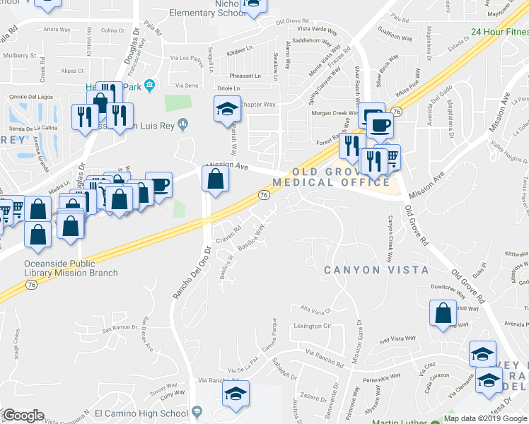 map of restaurants, bars, coffee shops, grocery stores, and more near 143 Alicia Way in Oceanside