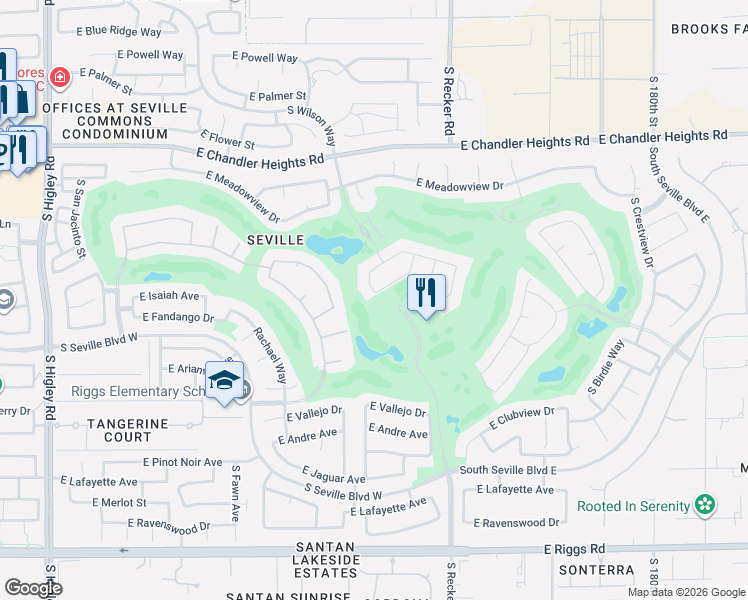 map of restaurants, bars, coffee shops, grocery stores, and more near 6645 South Clubhouse Drive in Gilbert