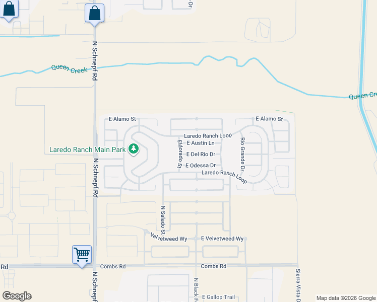 map of restaurants, bars, coffee shops, grocery stores, and more near 4205 East Del Rio Drive in Queen Creek