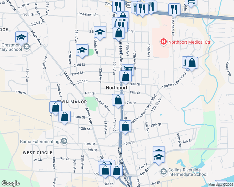 map of restaurants, bars, coffee shops, grocery stores, and more near 1715 20th Avenue in Northport