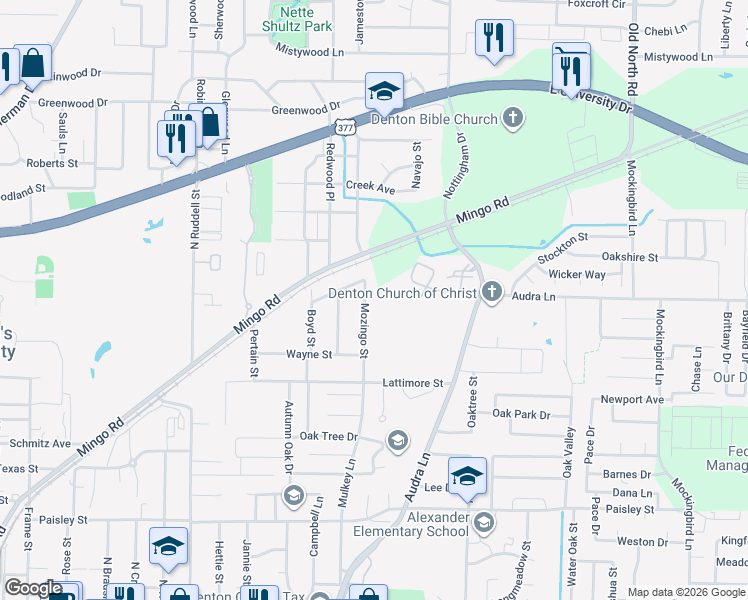 map of restaurants, bars, coffee shops, grocery stores, and more near 1602 Mozingo Street in Denton