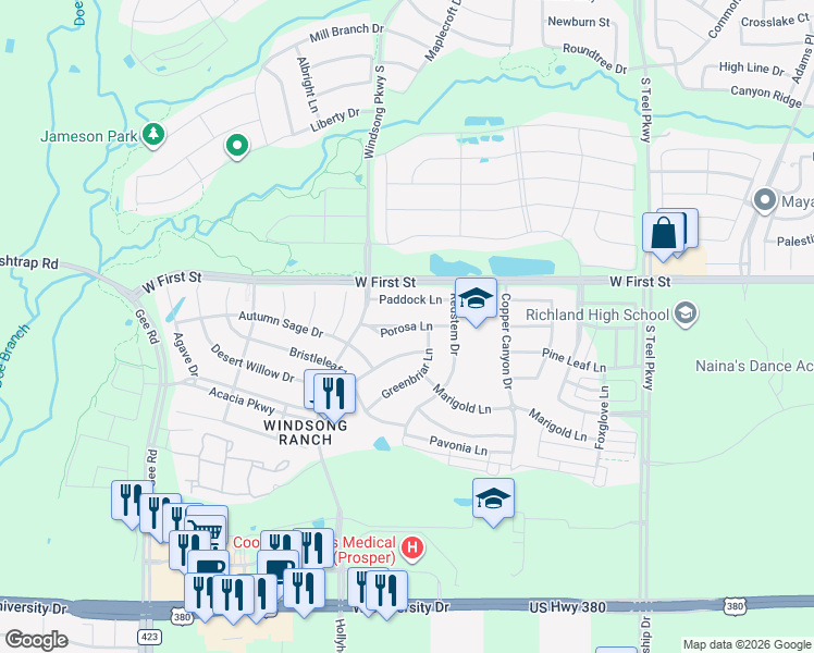 map of restaurants, bars, coffee shops, grocery stores, and more near Porosa Lane in Prosper