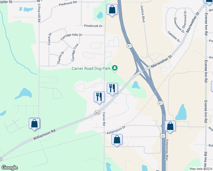 map of restaurants, bars, coffee shops, grocery stores, and more near 702 Carver Road in Griffin