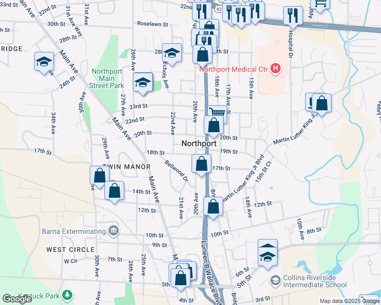 map of restaurants, bars, coffee shops, grocery stores, and more near 1802 20th Avenue in Northport