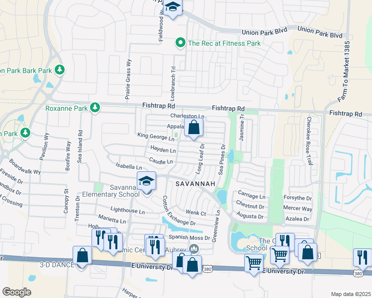 map of restaurants, bars, coffee shops, grocery stores, and more near 1117 Hayden Lane in Denton County