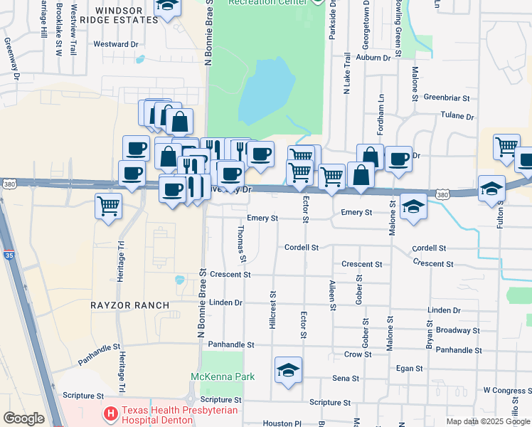 map of restaurants, bars, coffee shops, grocery stores, and more near 1229 Bellemead Drive in Denton