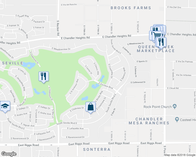 map of restaurants, bars, coffee shops, grocery stores, and more near 6711 South Classic Way in Gilbert