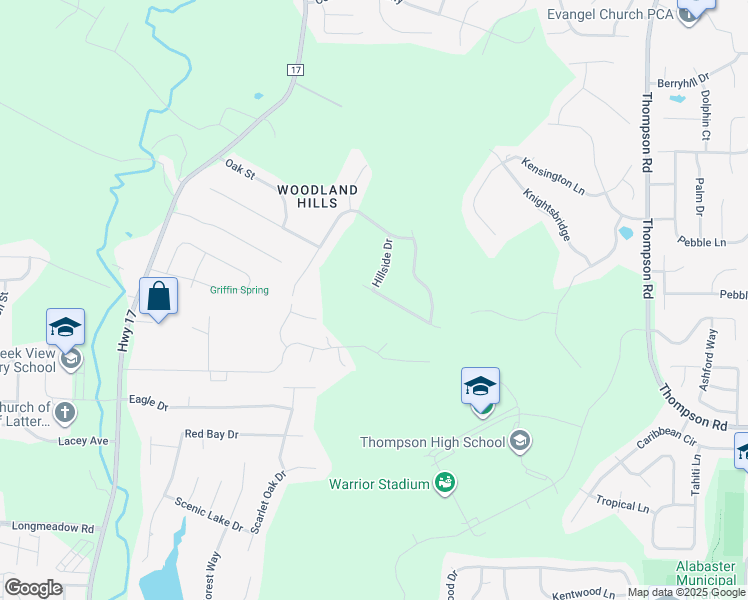 map of restaurants, bars, coffee shops, grocery stores, and more near 133 Forest Ridge Road in Alabaster