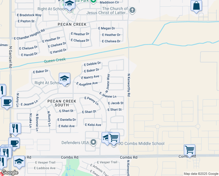 map of restaurants, bars, coffee shops, grocery stores, and more near 1588 East Melanie Street in San Tan Valley