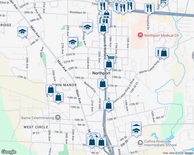 map of restaurants, bars, coffee shops, grocery stores, and more near 1715-1801 20th Avenue in Northport