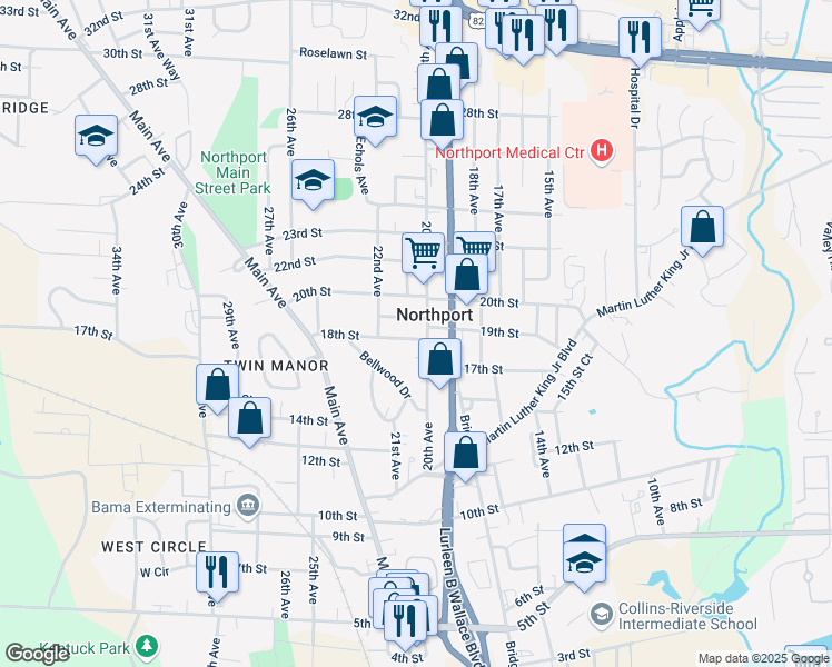 map of restaurants, bars, coffee shops, grocery stores, and more near 1802 20th Avenue in Northport