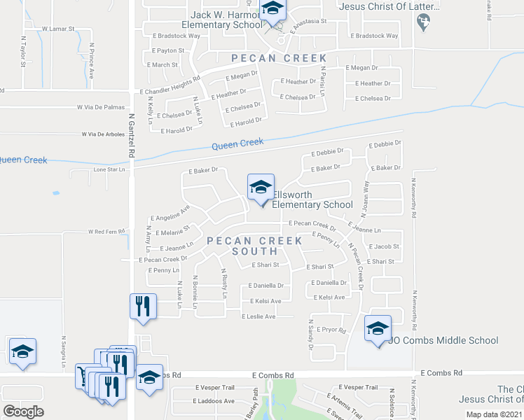 map of restaurants, bars, coffee shops, grocery stores, and more near 38454 North Carolina Avenue in San Tan Valley