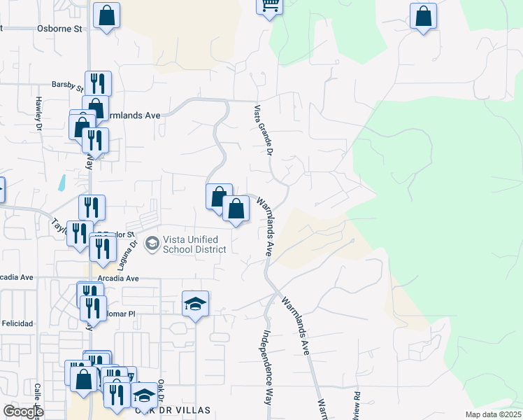 map of restaurants, bars, coffee shops, grocery stores, and more near 1878 Warmlands Avenue in Vista