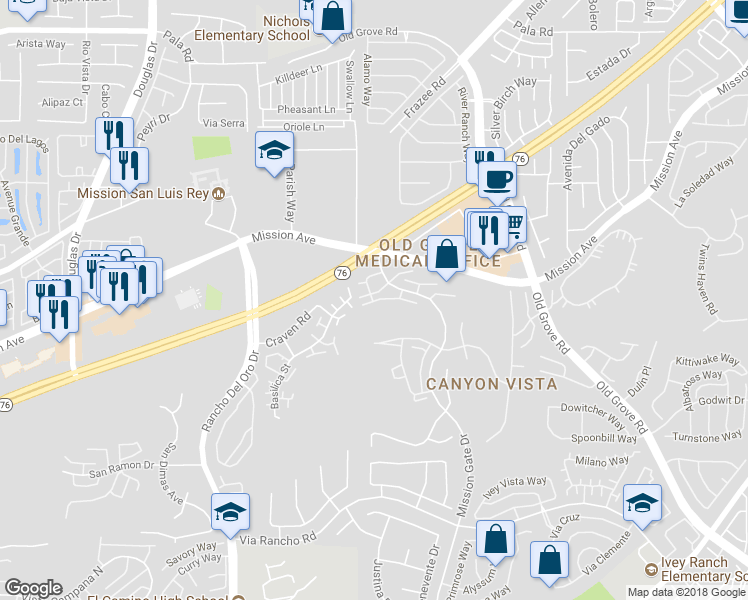 map of restaurants, bars, coffee shops, grocery stores, and more near 122 Elena Way in Oceanside