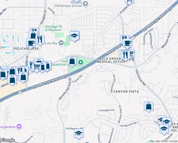 map of restaurants, bars, coffee shops, grocery stores, and more near 143 Alicia Way in Oceanside