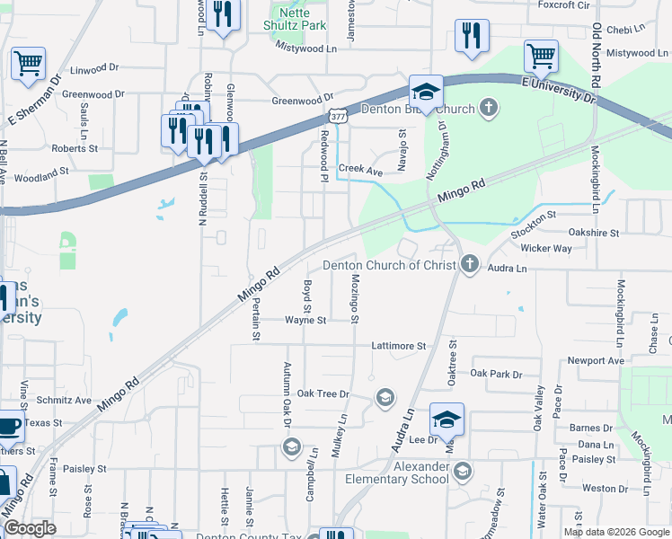 map of restaurants, bars, coffee shops, grocery stores, and more near 1524 Snyder Street in Denton