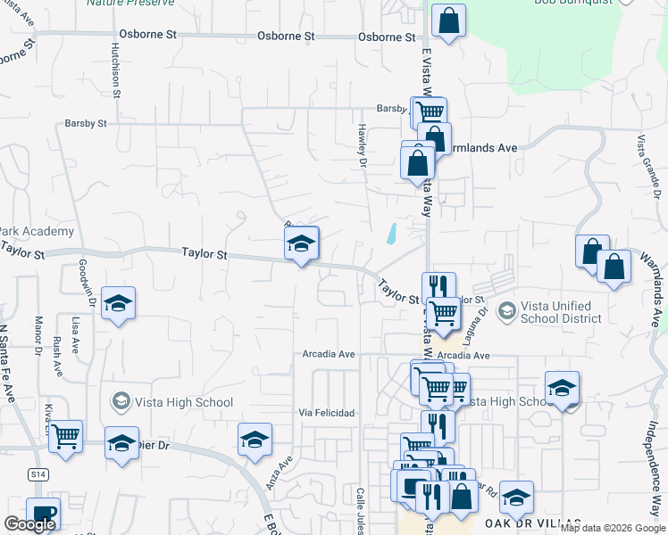 map of restaurants, bars, coffee shops, grocery stores, and more near 1823 Morning View Drive in Vista