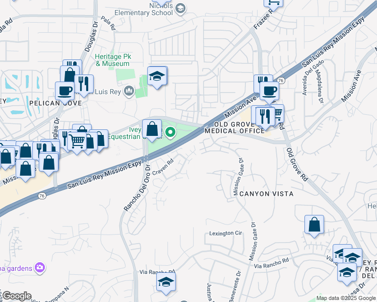 map of restaurants, bars, coffee shops, grocery stores, and more near 143 Alicia Way in Oceanside