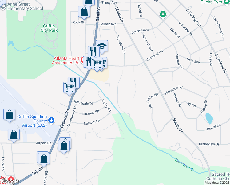 map of restaurants, bars, coffee shops, grocery stores, and more near 844 Crescent Lane in Griffin