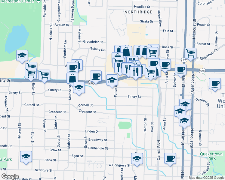 map of restaurants, bars, coffee shops, grocery stores, and more near 1300 Fulton Street in Denton