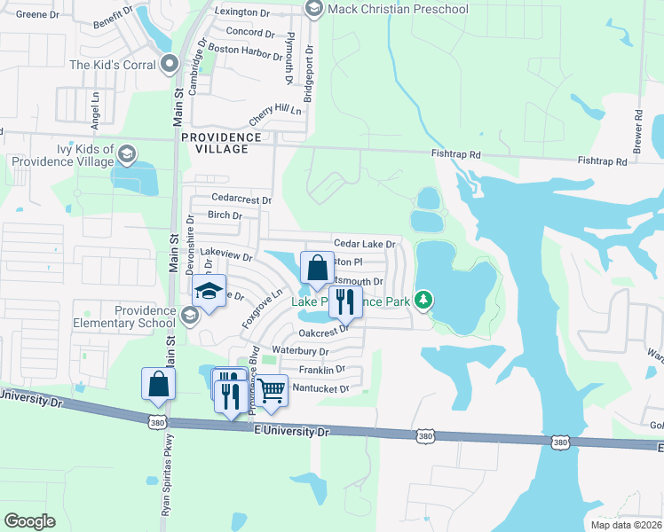 map of restaurants, bars, coffee shops, grocery stores, and more near 1330 Kingston Place in Providence Village