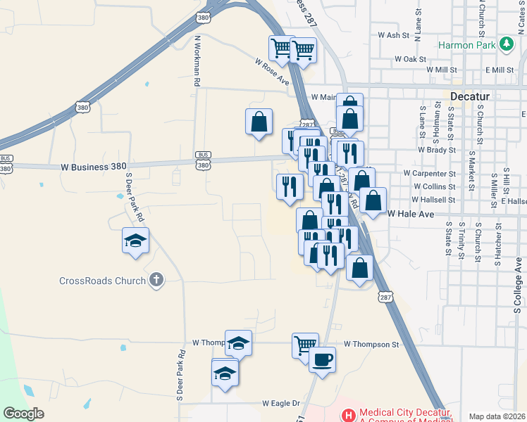 map of restaurants, bars, coffee shops, grocery stores, and more near 800 S U.S. 287 in Decatur