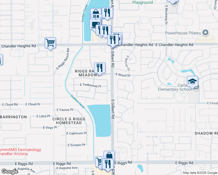 map of restaurants, bars, coffee shops, grocery stores, and more near 2956 East Elmwood Place in Chandler