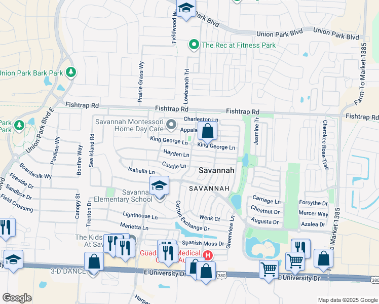map of restaurants, bars, coffee shops, grocery stores, and more near 1012 Hayden Lane in Denton County