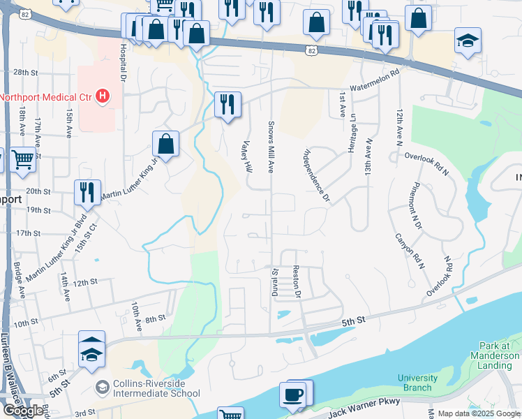 map of restaurants, bars, coffee shops, grocery stores, and more near 1900 Snows Mill Avenue in Northport