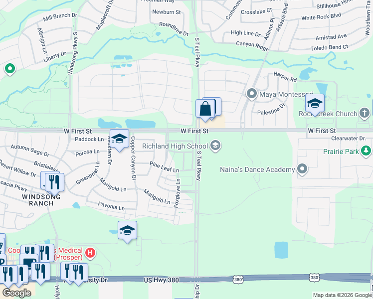 map of restaurants, bars, coffee shops, grocery stores, and more near 3701 Pine Leaf Lane in Prosper
