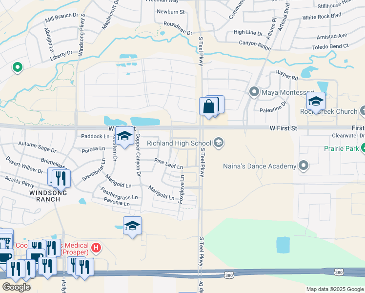 map of restaurants, bars, coffee shops, grocery stores, and more near 810 Bandera Ct in Prosper