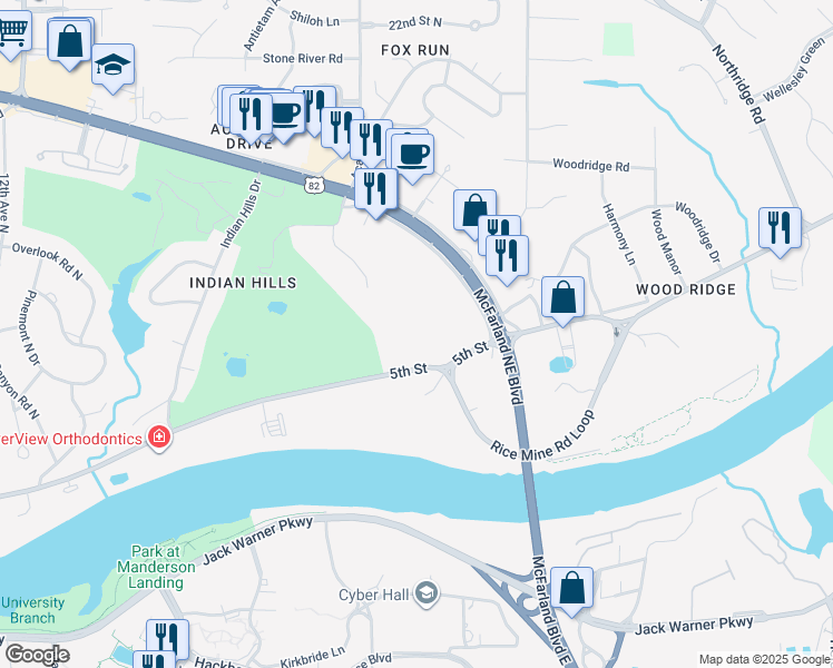 map of restaurants, bars, coffee shops, grocery stores, and more near 150 Rice Mine Road Northeast in Tuscaloosa