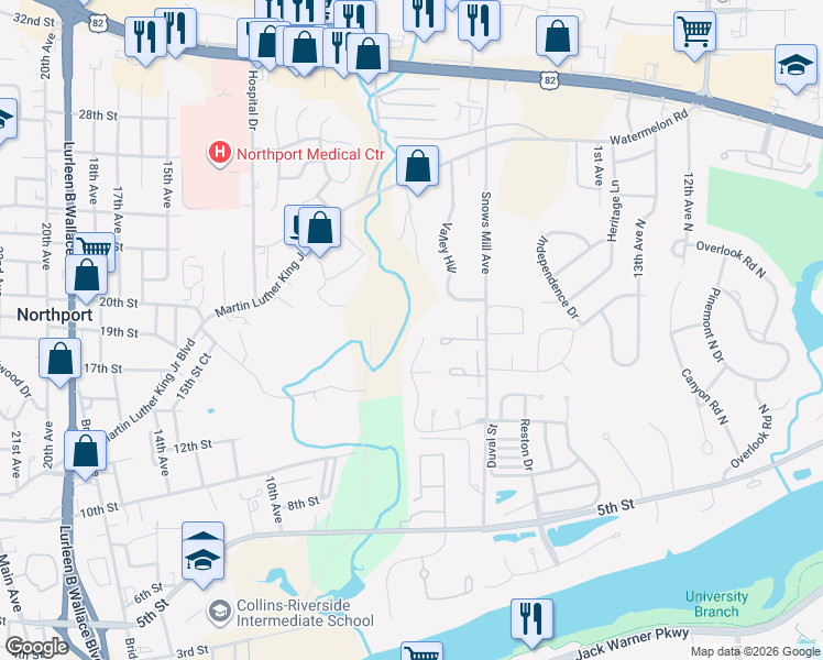 map of restaurants, bars, coffee shops, grocery stores, and more near 2141 Fox Ridge Road in Tuscaloosa