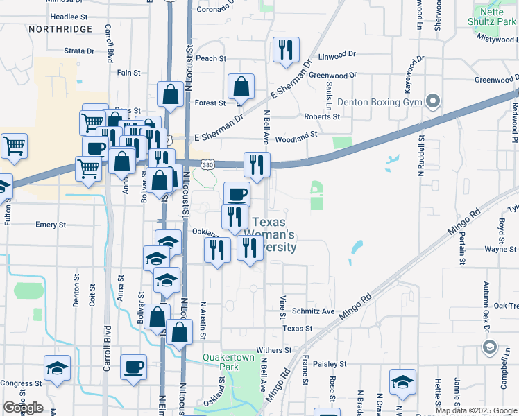 map of restaurants, bars, coffee shops, grocery stores, and more near 1607 North Bell Avenue in Denton